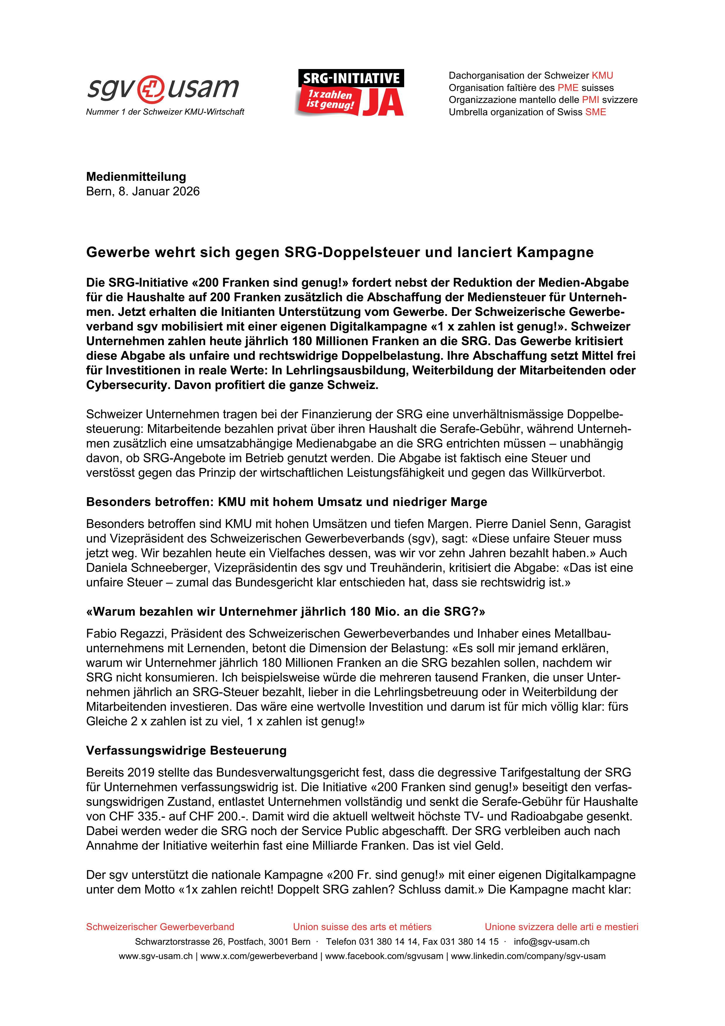 Gewerbe wehrt sich gegen SRG-Doppelsteuer und lanciert Kampagne