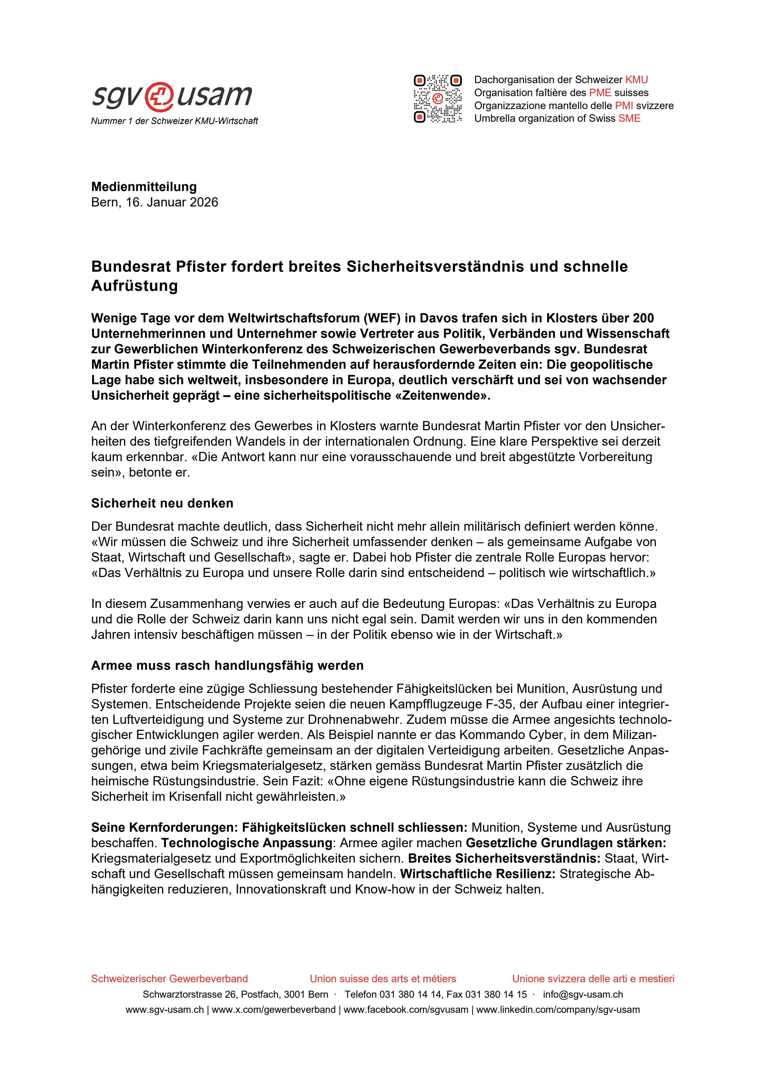 Bundesrat Pfister fordert breites Sicherheitsverständnis und schnelle Aufrüstung