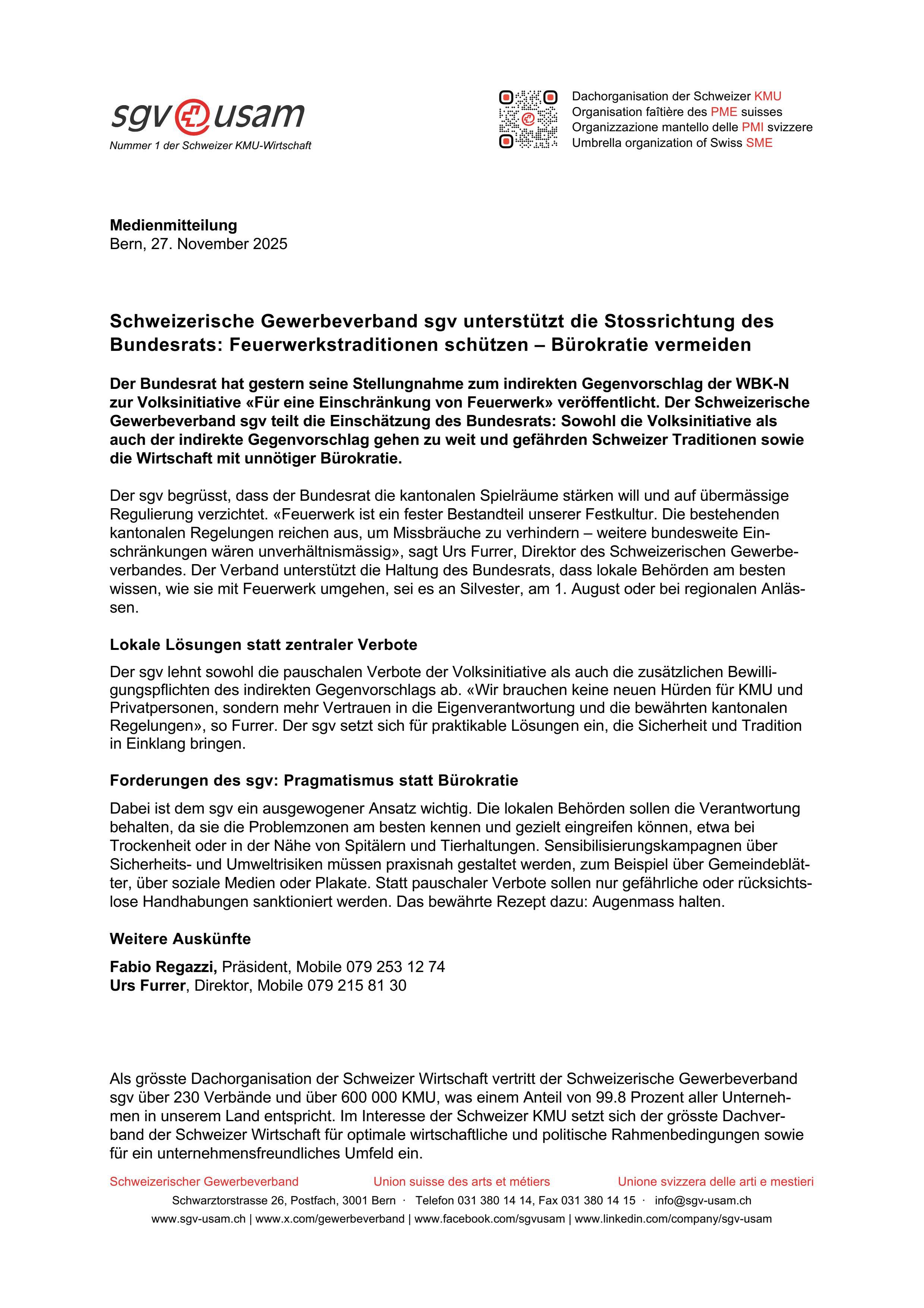 Schweizerische Gewerbeverband sgv unterstützt die Stossrichtung des Bundesrats: Feuerwerkstraditionen schützen – Bürokratie vermeiden