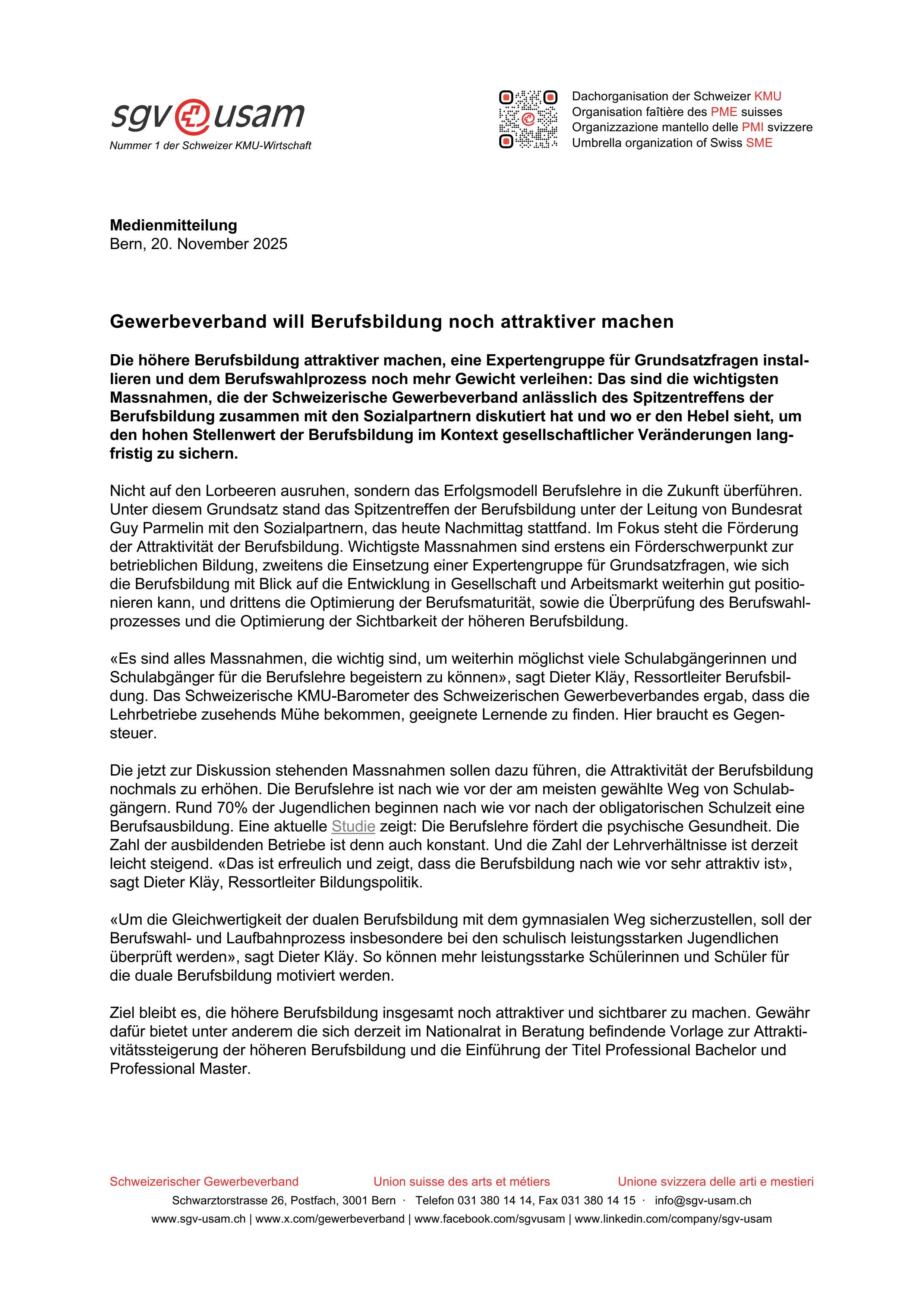 Gewerbeverband will Berufsbildung noch attraktiver machen