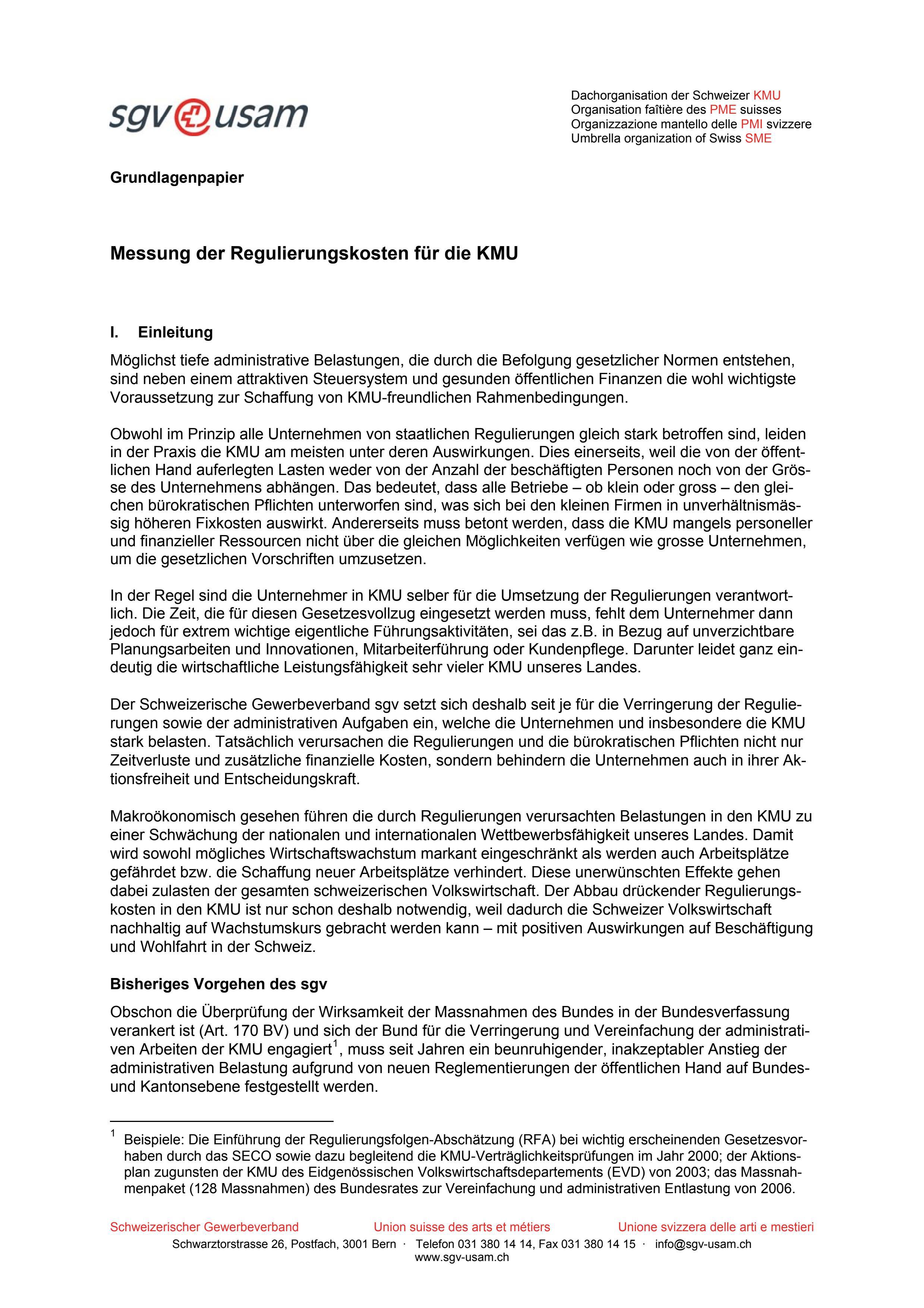  Grundlagenpapier «Messung der Regulierungskosten für die KMU»