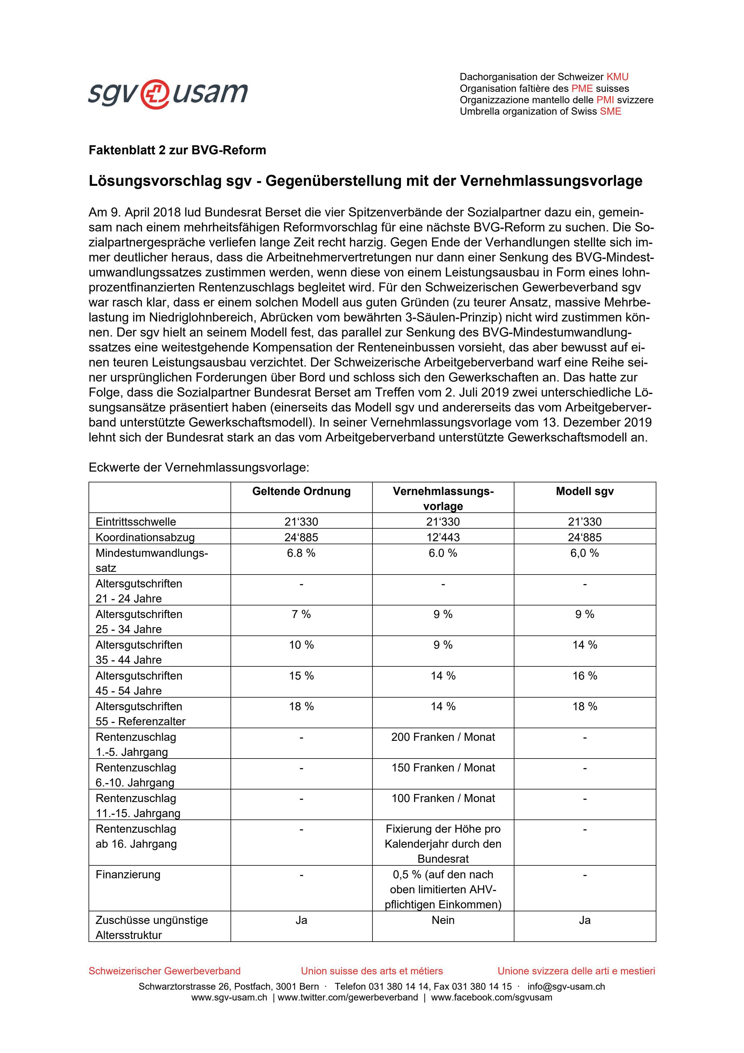  Faktenblatt 2 zur BVG-Reform: Lösungsvorschlag sgv - Gegenüberstellung mit der Vernehmlassungsvorlage Stand 09.01.2020